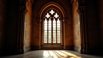 Obraz premium A serene interior view of a church with arched doorways leading to stained glass windows letting in sunlight.