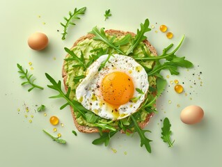 avocado toast with egg and arugula, flat lay,