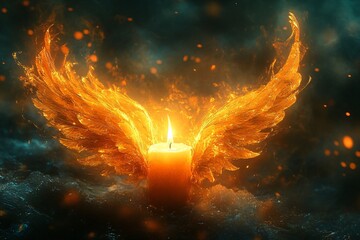 Surreal digital painting of a glowing candle with wings, perfect for whimsical art projects, evening events, spiritual themes, or creative advertising.