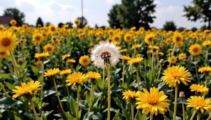 Obraz premium a vibrant field of golden marigold flowers, with a lone dandelion head prominently in the foreground, contrasting with the uniformity of the marigolds
