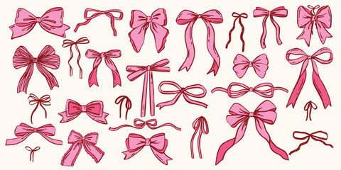 Set of cute various coquette bows, gift ribbons. Trendy hand drawn bow, Whimsical style. Fashionable vector illustration. Isolated girly vintage accessories. Cute hairstyle elements collection
