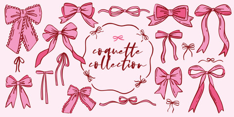 Set of cute various coquette bows, gift ribbons. Trendy hand drawn bow, Whimsical style. Fashionable vector illustration. Isolated girly vintage accessories. Cute hairstyle elements collection