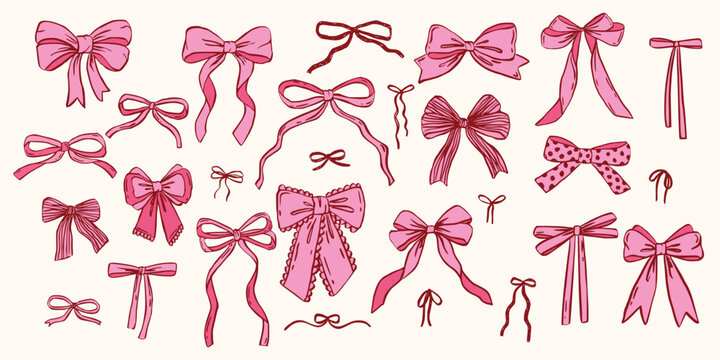 Set of cute various coquette bows, gift ribbons. Trendy hand drawn bow, Whimsical style. Fashionable vector illustration. Isolated girly vintage accessories. Cute hairstyle elements collection