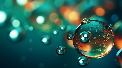 Ultra-sharp macro of shimmering copper and teal oil droplets in various sizes, floating on an inky black water surface, dotted with crystal-clear air bubbles.