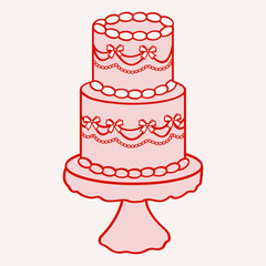 Hand drawn vintage cake illustrations. Wedding cake with cherry toppings and frosting layers. Vector flat doodle design for Valentines day, wedding invitation, birthday card.