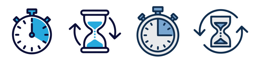 Time Management Icon Set Vector – Speed Stopwatch, Hourglass, and Process Cycle Symbols on Blue Background. Timers and Clock Icon Set Vector Outline – Stopwatch, Hourglass, and Time Line Symbols