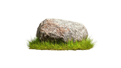 Large Grey Boulder Resting on a Patch of Green Grass, Isolated on Transparent Background