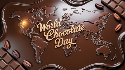 Delicious world chocolate day illustration with a map and chocolate bar with cocoa beans on the surface.