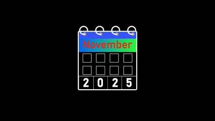Glowing calendar 2025 year November month. on a black background. 4k illustration.