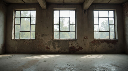 Abandoned room with three large windows, showcasing rustic interior and natural light filtering through. atmosphere feels serene and nostalgic