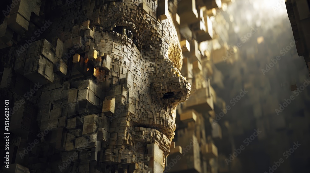 Poster futuristic human head sculpture composed of layered cubic blocks with soft lighting and shadow effec