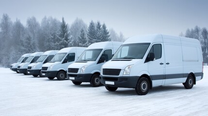 Wideangle view of a fleet of identical white delivery vans parked in a snowy open lot with space for headlines, surrounded by snowcovered trees under a cold winter sky
