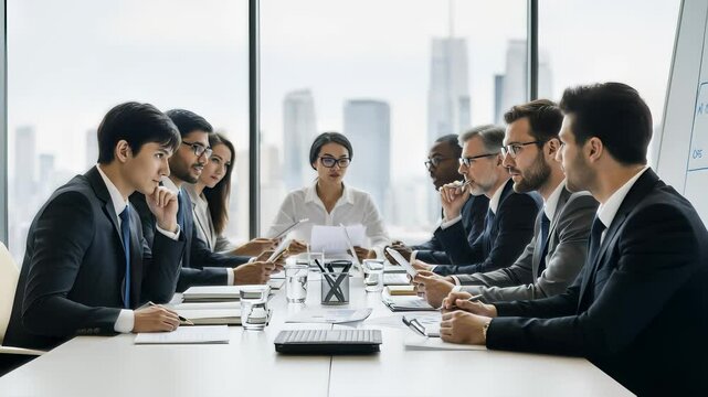 会議室で議論を交わす複数のビジネスマンたちの打ち合わせ風景