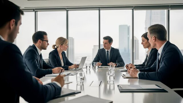 会議室で議論を交わす複数のビジネスマンたちの打ち合わせ風景