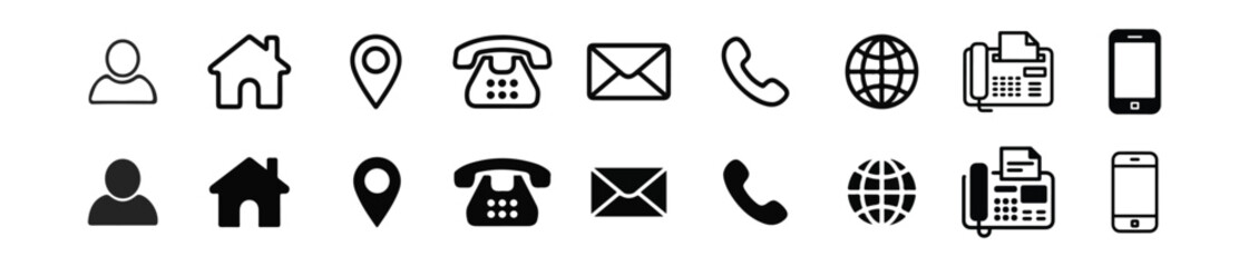 Contact Us Icon Set Vector Outline – Communication, Address, Phone, Email, and Globe Icon . Transparent background. Business Card Icon Set Vector.
