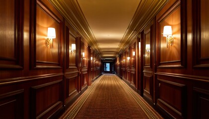 lit hallway perspective view of long patterned hotel hallway with warmly lit doorways