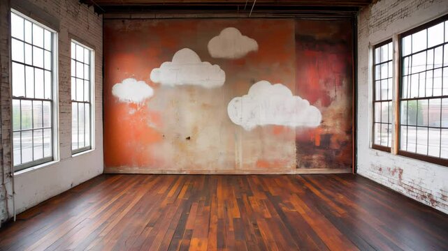 Empty loft studio with painted cloud mural on textured brick wall. Natural light floods rustic hardwood floor. Artistic urban space perfect for creative shoots, gallery, or modern lifestyle scenes.
