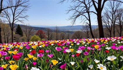 Fototapeta premium a vibrant field of flowers, with a clear blue sky overhead and trees lining the landscape. the field is carpeted in rows of tulips, showcasing an array of colors including pink, yellow, and white