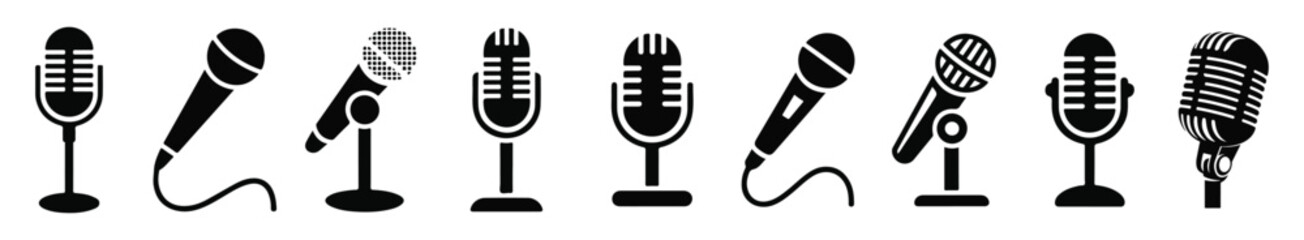 Microphone Icon Set Vector – Audio, Podcast, Voice Recording, and Music Studio Symbols. Transparent background