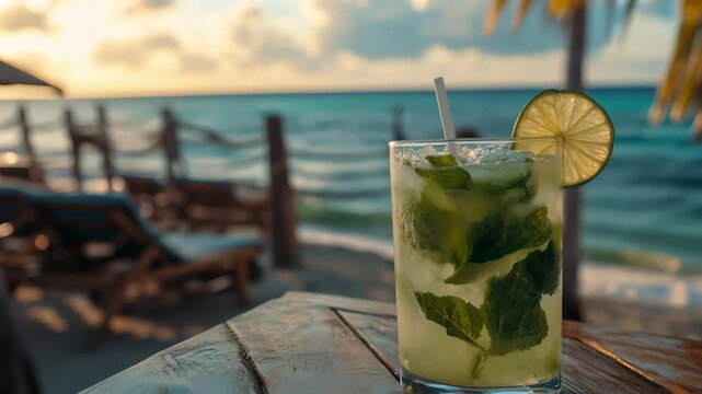 Refreshing mojito cocktail with lime and mint at beachside bar during golden sunset. Tropical vacation vibe with calm ocean and lounge chairs, perfect for summer relaxation and leisure moments.