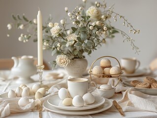 Elegant Tea Set with Sweets and Flowers