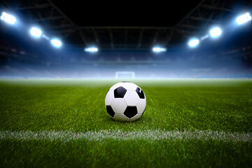 Soccer ball on green grass field in stadium for sports and recreation game