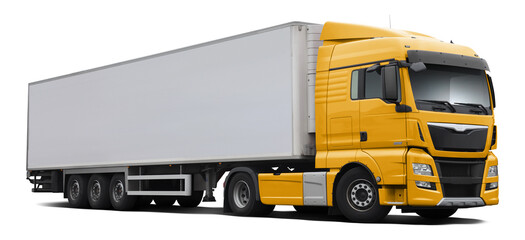 A modern European truck with a yellow cab and a full white semi-trailer. Front side view isolated on white background.