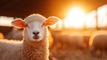 Fototapeta premium A charming fluffy lamb stands amidst a serene sunset, symbolizing innocence and tranquility in the pastoral landscape, evoking feelings of peace and warmth in nature.