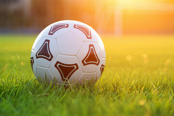 Fototapeta premium Soccer ball on grass field at sunset sports equipment for outdoor games play