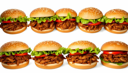 Close Up Rows of Appetizing Burgers on White Background with Lettuce and Tomato