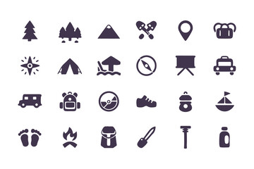 Camping and hiking icon set. flat adventure and outdoor travel symbols including tent, compass, backpack, campfire, map pin, and more. vector illustration