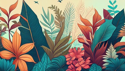 ai generated ai generative notanical herbal exotic tropical plants herbs flowers botanical foliage background nature jungle lanfscape graphic art