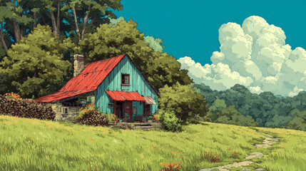 Summer forest with country house. Forester cottage with woodpile. Vector cartoon illustration of woods landscape with trees, green grass, path and farmhouse