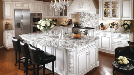 Elegant kitchen island with granite countertop and white cabinetry.