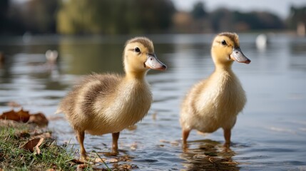 Obraz premium Playful ducklings exploring lakeside in bright morning sunlight with gentle ripples and soft foliage in the background
