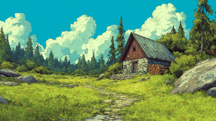 Summer forest with country house. Forester cottage with woodpile. Vector cartoon illustration of woods landscape with trees, green grass, path and farmhouse