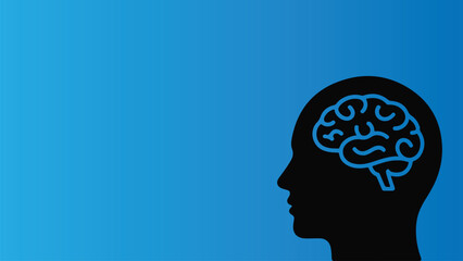 Brainstorming Concept Icon Vector – Human Head Silhouette with Creative Mind and Idea Symbol on Blue Background. Brain Silhouette Icon Vector – Human Head Profile with Mind, Thinking