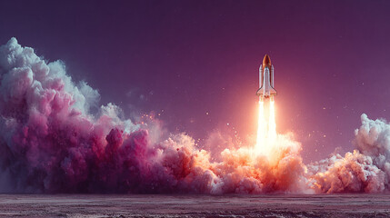 Business start up isometric concept vector illustration. Rocket taking off with fire and smoke over neon glowing circle on ultraviolet background. Spaceship launching purple web page