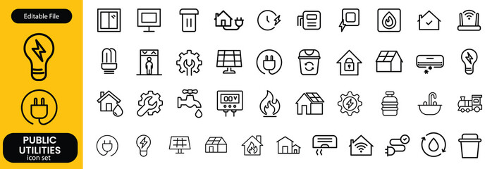 Public utilities web icons line set. Public Utilities Water, Fuel, Electricity, gas, garage, Solar House, Rent receipt, Maintainence, and More vector illustration