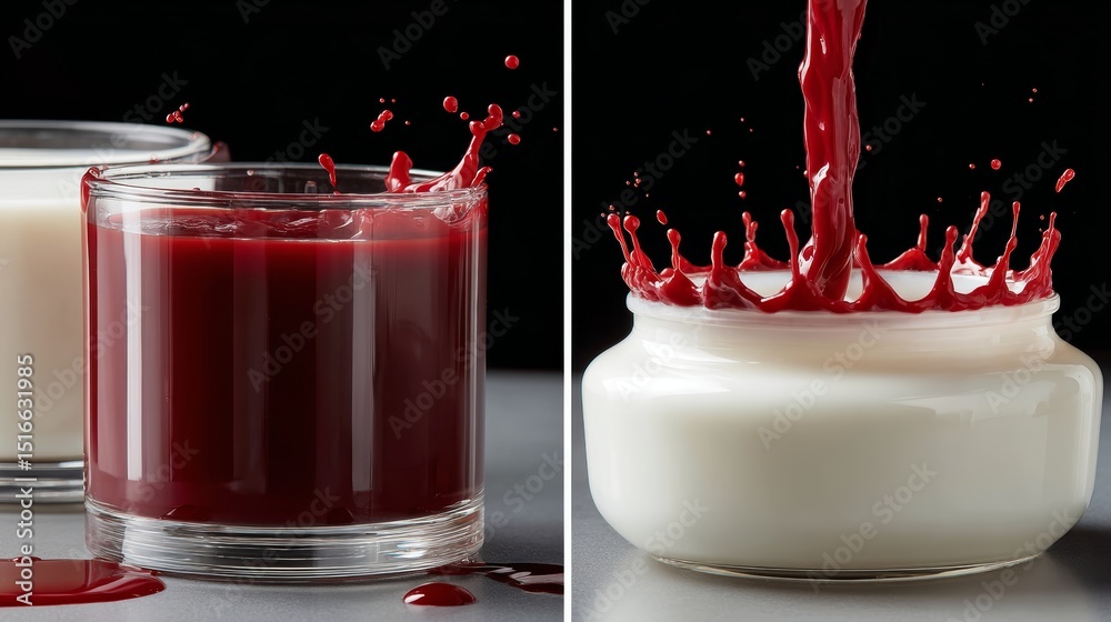 Aufkleber Dynamic highspeed capture of crimson paint droplets splashing into milk creating abstract shapes against a black background with space for text