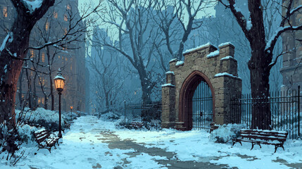 Winter landscape with stone arch entrance to city park, metal fence and snow. Vector parallax background for 2d animation with cartoon garden with archway entry, bare trees and snowfall