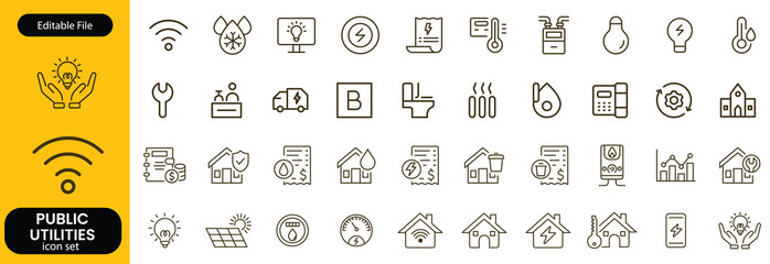 Public utilities web icons line set. Public Utilities Water, Fuel, Electricity, gas, garage, Solar House, Rent receipt, Maintainence, and More vector illustration