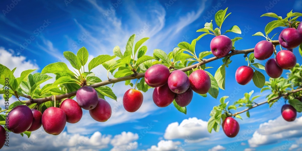 Poster vibrant plums ripening on a tree branch against a backdrop of a sunny sky with fluffy white clouds, 