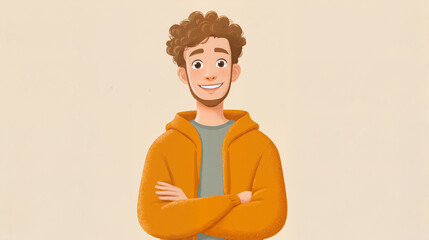 Cartoon Character with Curly Hair, Arms Crossed, Smiling in Casual Hoodie