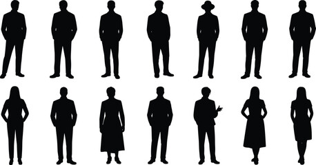 Vector silhouettes of men and women standing in professional and casual poses, perfect for design, branding, infographics, web, presentations