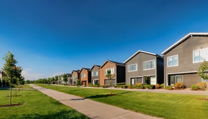 modern townhouses line green sidewalks under a clear sky on a sunny day