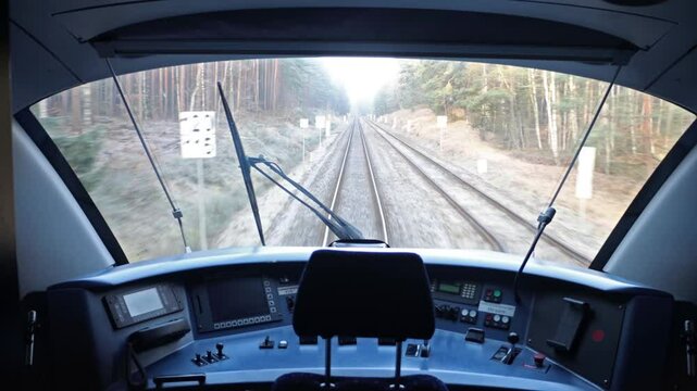 View through the windshield in the driver's cabin of a moving train