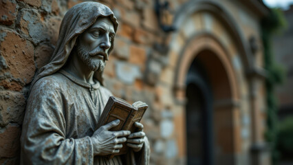 A statue of a bearded man with long hair, reminiscent of Jesus Christ, carved into a stone wall.