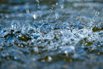 Heavy rain hits a puddle. Water droplets splash dynamically in all directions during a summer thunderstorm. Macro close-up with splashes, wipe effects, movement, and selective focus.