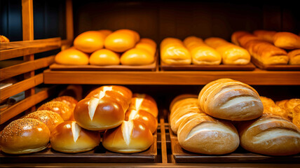 Shelves with various breads and pastries in the bakery store closeup of many different types of fresh buns on display in the warm sunlight real photo